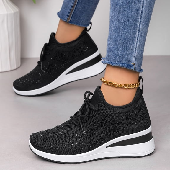HTHLVMD Office Shoes, Womens Orthopedic Shoes, Walking Shoes Women, Orthopedic Shoes for Women, Rhinestone Embellished Wedge Sneakers for Women - Breathable Mesh Casual Walking Shoes, Black 5.5