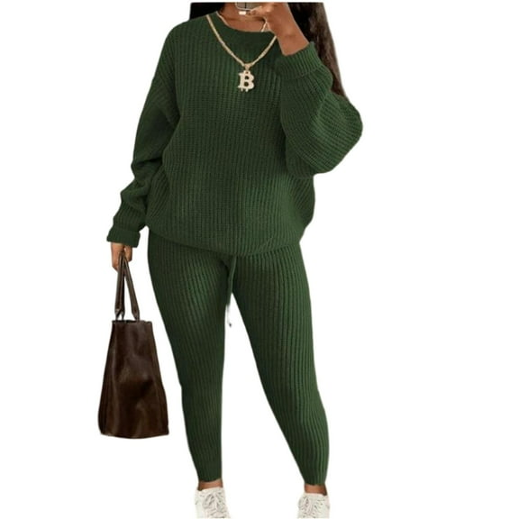 dGslk Women’s Two Piece Knit Sweater Set Long Sleeve Pullover Top and High Waist Pants Casual Lounge Outfits for Fall Winter Army Green L
