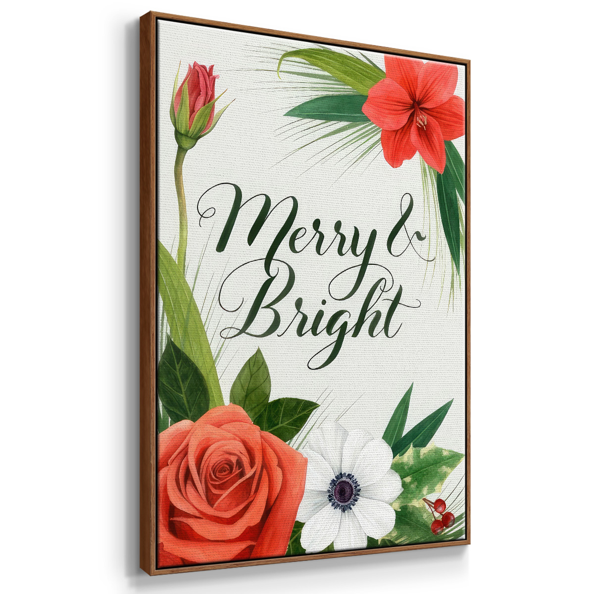 Christmas Flora Wreath Collection B - Framed Gallery Wrapped Holiday Canvas - 17 x 25 - Rosewood Frame