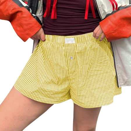 SKSloeg Women Pajamas Shorts Micro Boxer Shorts Y2K Cute Gingham Sleep Lounge Shorts Checkered Plaid Button Pj Mini Shorts Yellow L