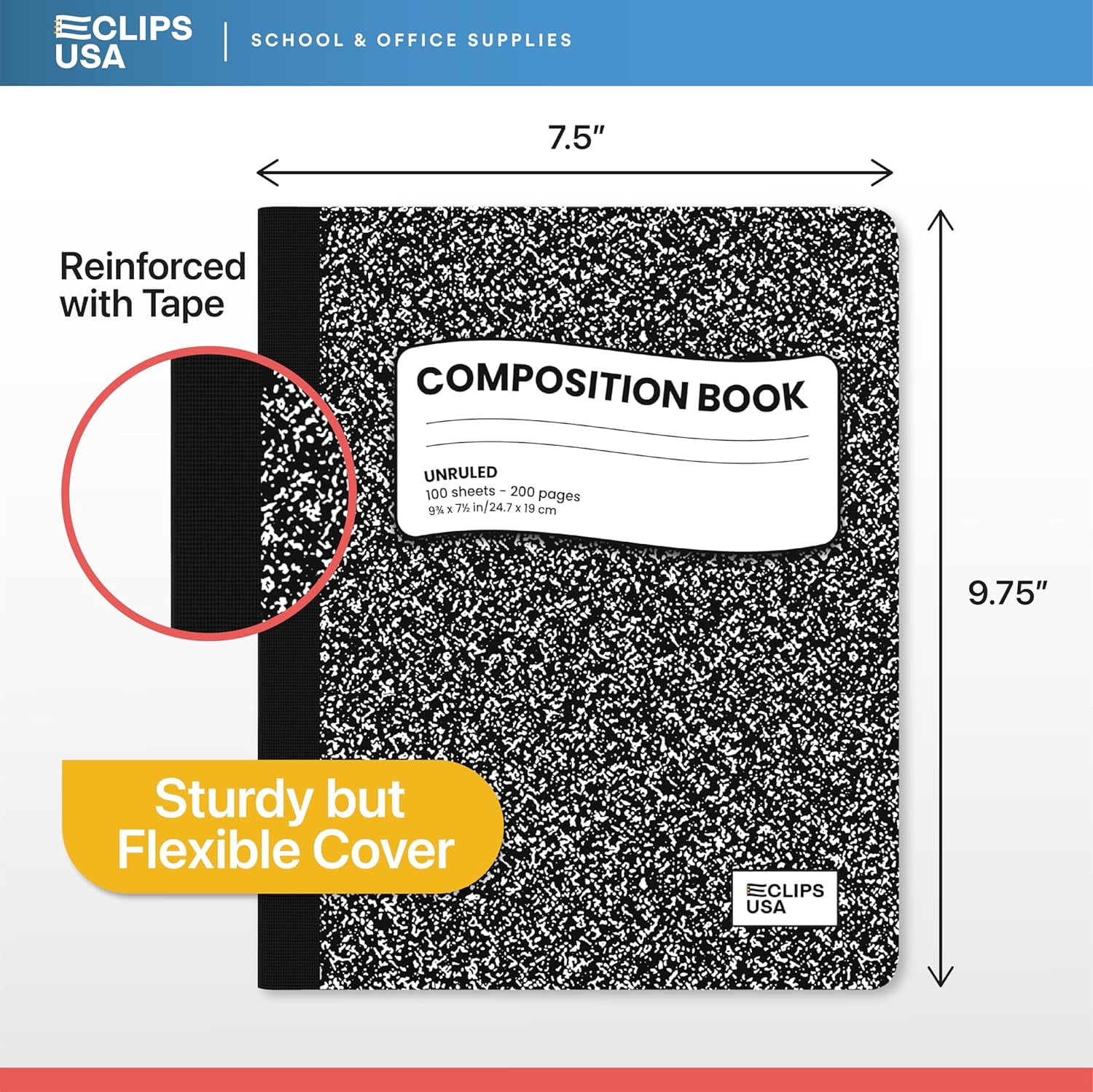 E-Clips USA 100-Sheet Unruled Hard Cover Composition Notebooks, Marble, 48-Pack Bulk