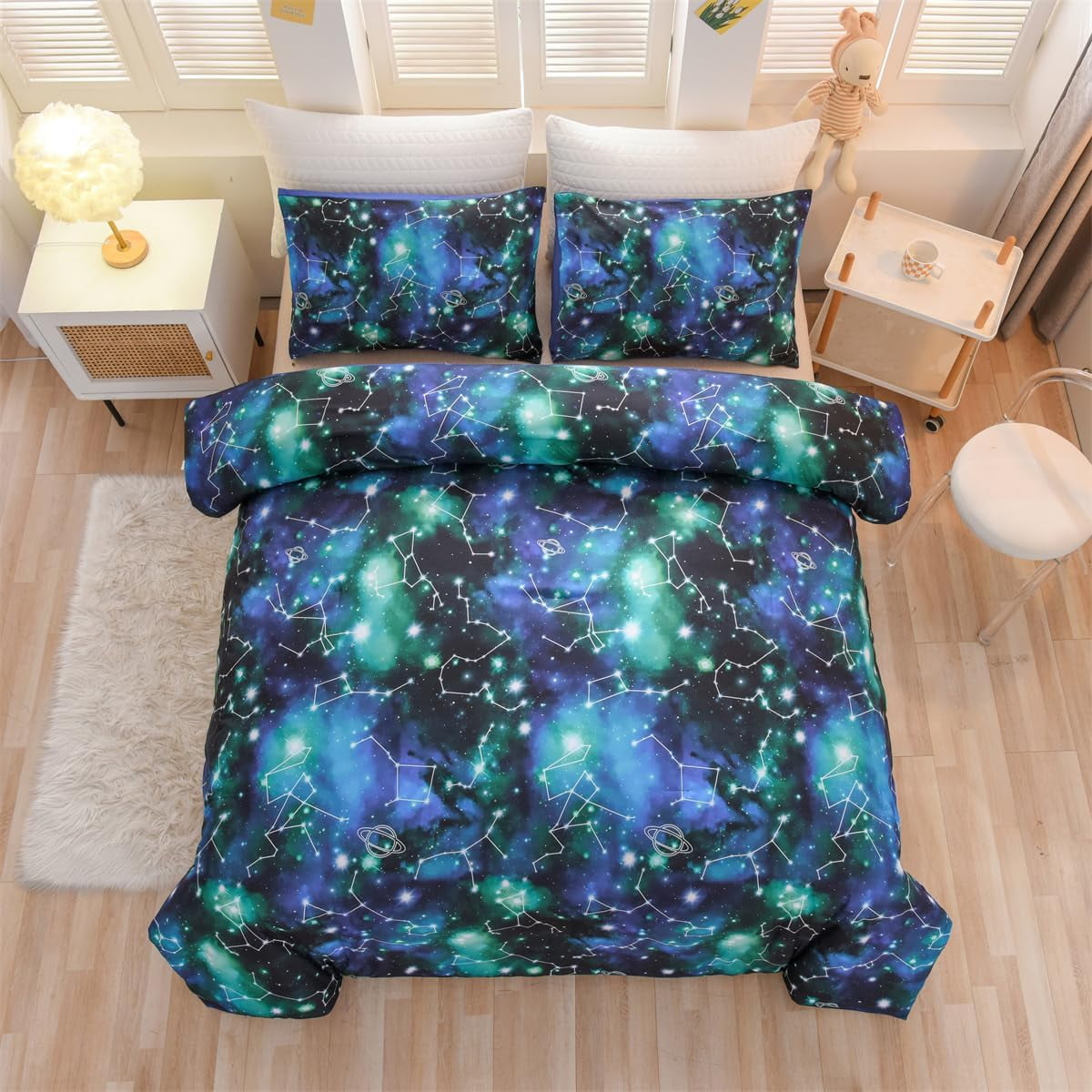 NTBED Tie Dye Constellation Ombre Comforter Set Queen Size Gradient Galaxy Bedding Set for Kids Girls Boys Black and Green 3Pcs