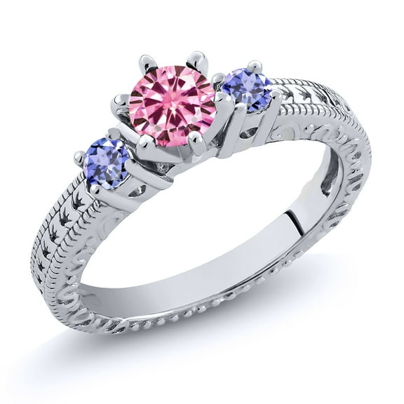 Gem Stone King 925 Sterling Silver 3-Stone Ring Round Pink Moissanite and Tanzanite Blue (0.80 Cttw, Size 5)