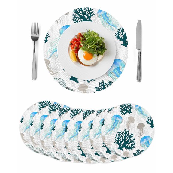 Jellyfish Coral Coastal Round 15 Inch Placemats Set of 8, Nautical Summer Beach Ocean Sea HeatResistant Non Slip Place Mats for Dining Table, Wipeable Braided Kitchen Table Mats for Housewarming