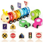 Wooden Caterpillar Train Set with Number Learning, Traffic Signs, and Montessori Learning Toys - Wooden Vehicle Set Toy for Toddlers with Number Color Sorting Toys and Wooden Street Signs Sensory Toy