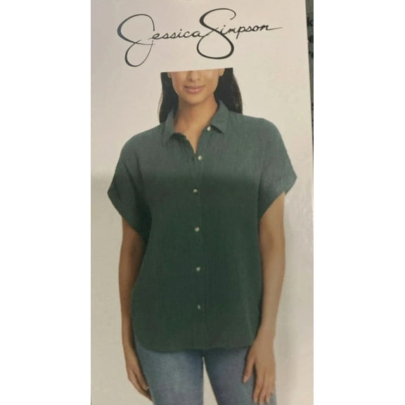 Jessica Simpson Women's Short Sleeve Gauze Shirt, Green, Size S