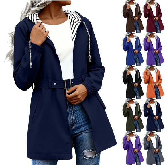 Windbreaker Jacket for Women With Belt Long Sleeves Solid Color Outdoor Windproof Loose Hooded Pocketed Outdoor Raincoat Windbreaker