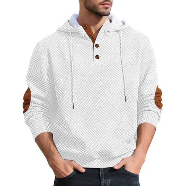 pstuiky camisa de manga larga para hombre, Blusa informal holgada de color liso con botones y cordón de moda para hombre, de manga larga, con capucha top de hombre m