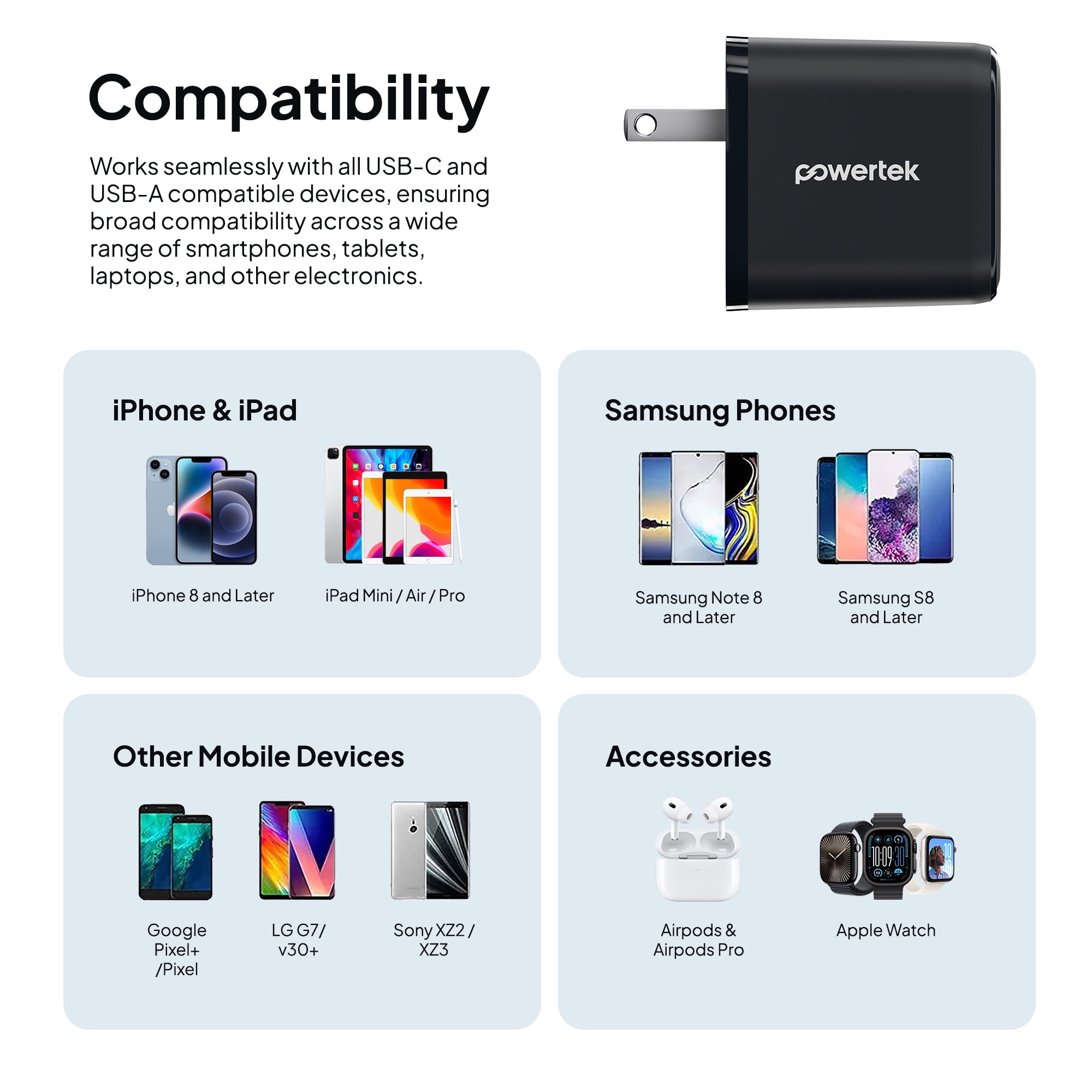 Powertek 20W USB-C + USB-A Wall Charger, Fast Charging Power Delivery Cube, Dual Port Compact Charger, Black