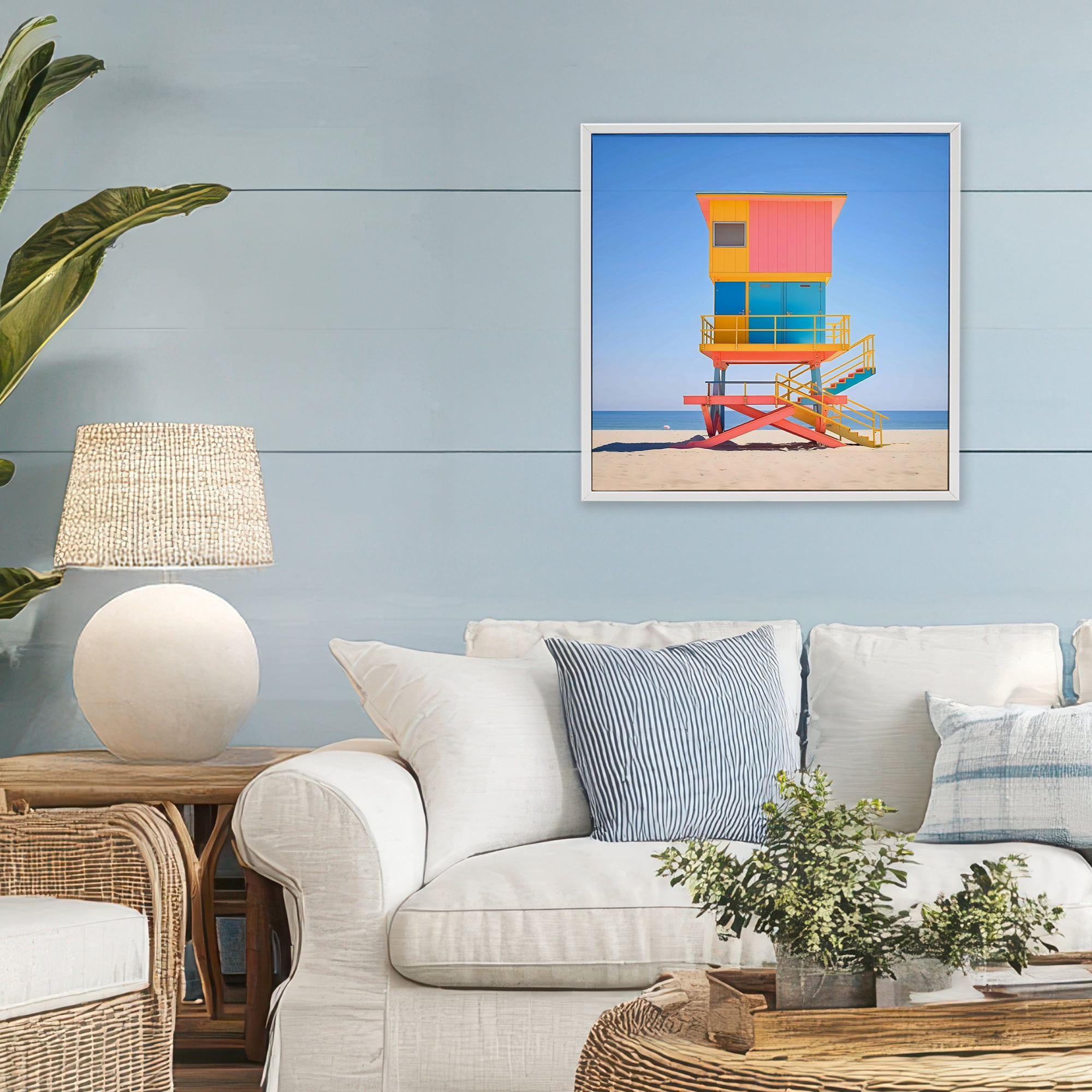 Stupell Industries Deco Lifeguard Tower on Beach White Framed Giclee Art, design by Creative Studio
