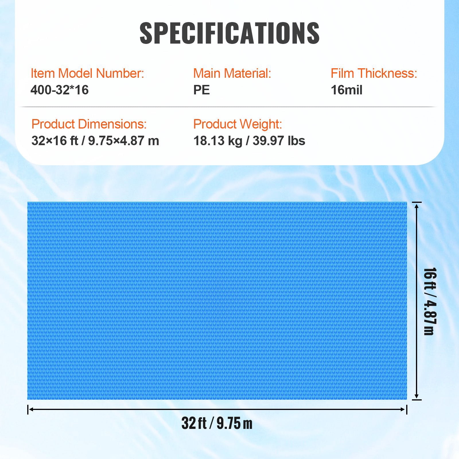 Solar Pool Cover, 32 x 16 ft Rectangle Solar Blanket for Pools, Inground Above Ground Swimming Pool Solar Cover, 16 mil Solar Covers, Blue