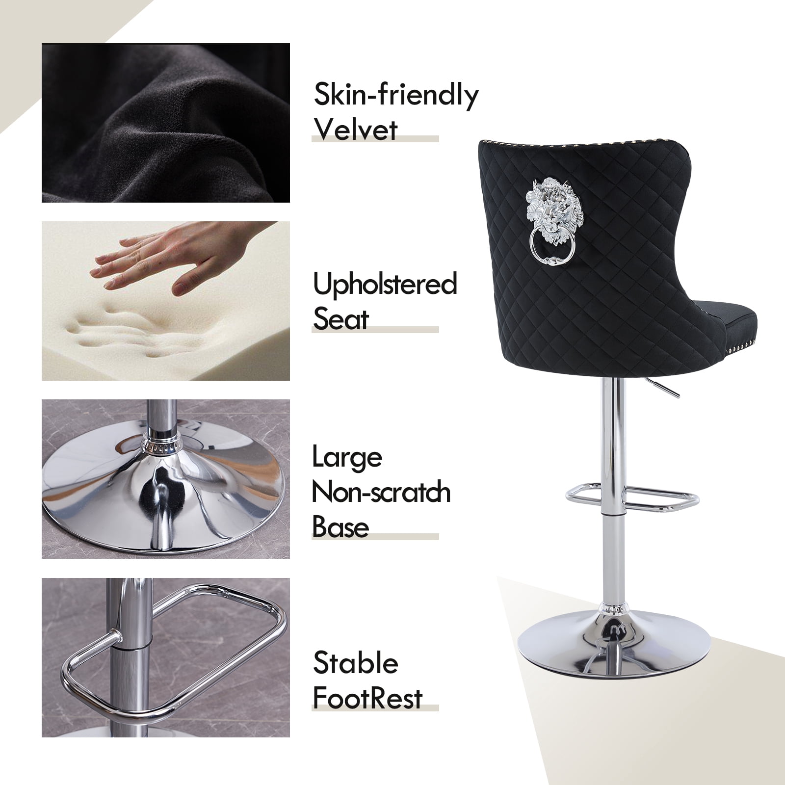Velvet Bar Stools Set of 2 Modern Counter Height Bar Stools with Lion Pull Ring Tufted Back, Nailhead Upholstered Barstools for Home Kitchen Island, Swivel Adjustable Stool Chair in Black