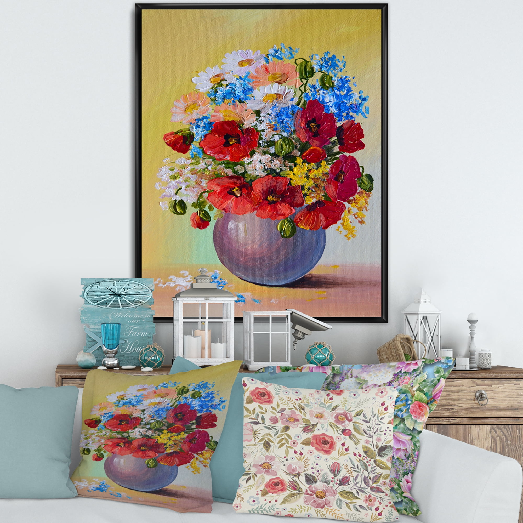 Still Life A Bouquet Of Blue and Red Flowers 16 in x 32 in Framed Painting Canvas Art Print, by Designart