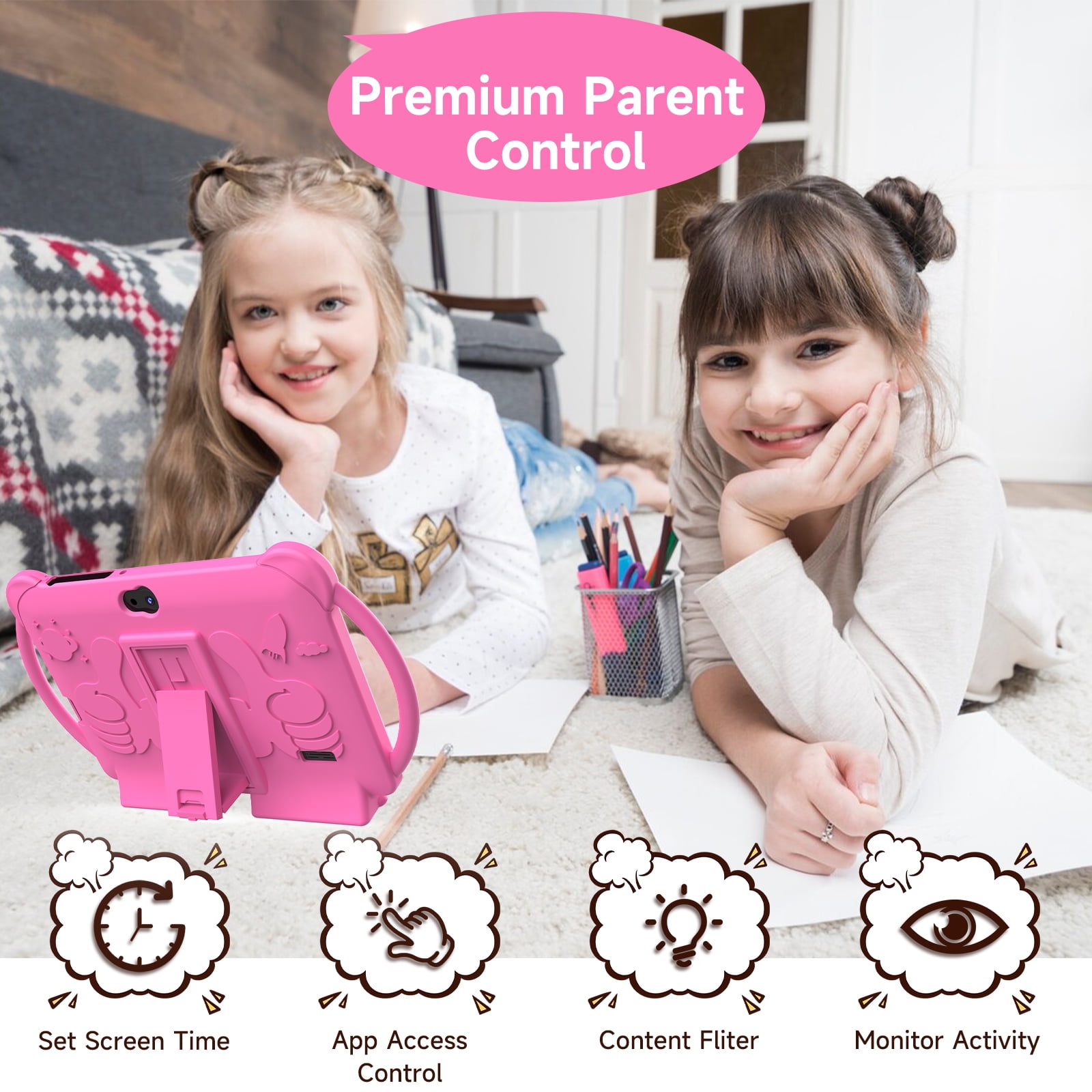 Kids Tablets 7 inch, Android 12 Tablet for Kids, 4GB RAM 32GB ROM, 512GB Expandable, with Parental Control, Google Certified Toddler Tablet, WiFi, Bluetooth, Dual Camera with Silicone Case,Pink