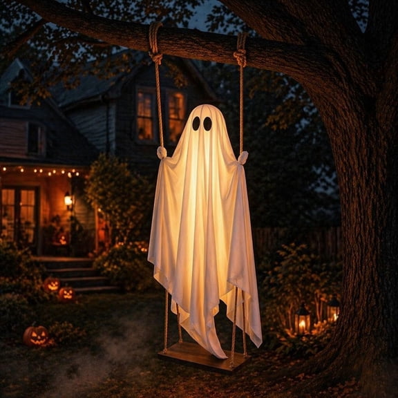 Swinging Ghost Decor The Ghost Swing Hanging Swing Outdoor Decor Halloween Decorations Outdoor 5.9FT Large Hanging Swing Halloween Ornament for Tree Porch and Lawn Decoration,Seatable
