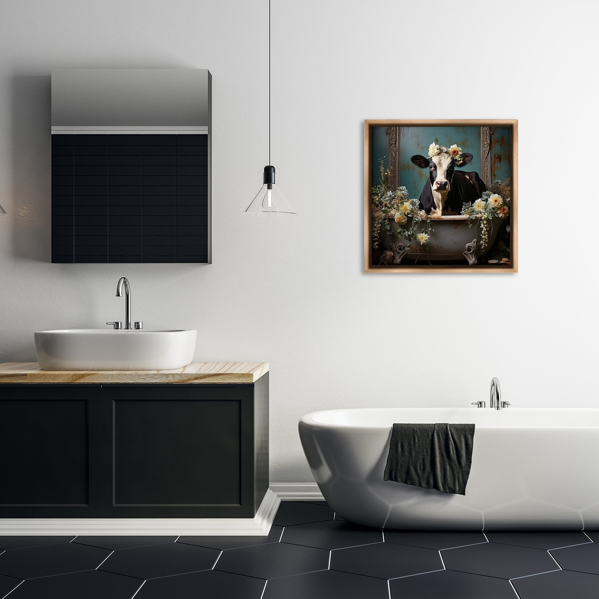 Stupell Industries Vintage Cow in Bathtub Animals & Insects Painting Brown Floater Framed Canvas Art Print Wall Art, 25 x 25