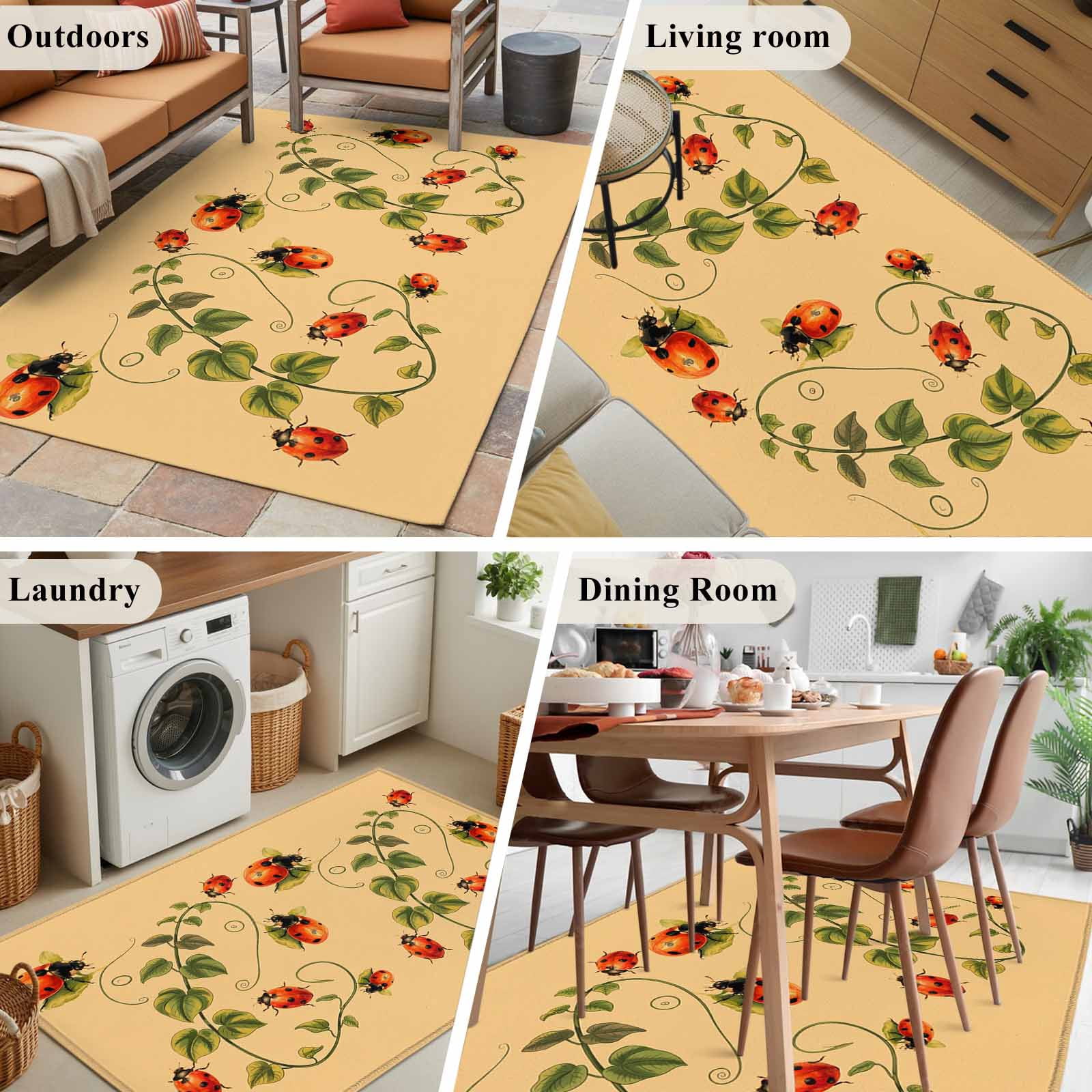 Ladybugs Eucalyptus Area Rugs 2.7'x5', Washable Small Throw Rugs for Kitchen Bedroom, Spring Botanical Leaves Yellow Indoor Outdoor Rug Non-Slip Low Pile Carpet Runner Reversible Floor Mats