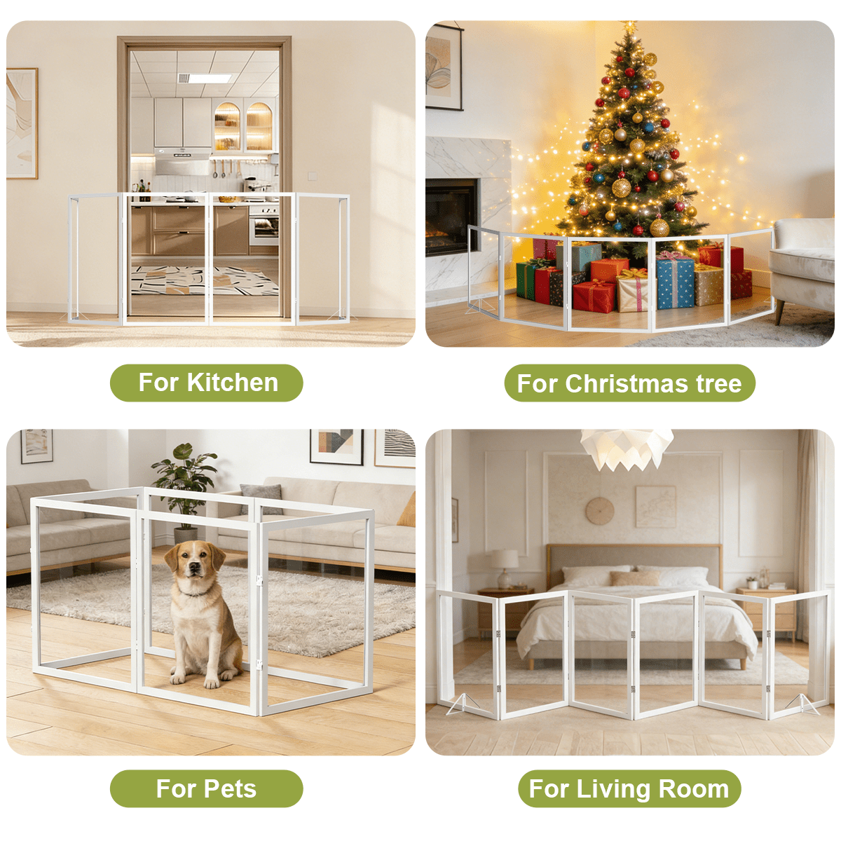 Fairy Baby 6 Panel Freestanding Dog Gate, Clear Acrylic Wooden Pet Gate 24"H x 102"W for Stairs Hallway