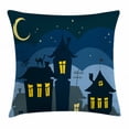 thumbnail image 1 of Halloween Throw Pillow Cushion Cover, Old Town with Cat on the Roof Night Sky Moon and Stars Houses Cartoon Art, Decorative Square Accent Pillow Case, 24 X 24 Inches, Black Yellow Blue, by Ambesonne, 1 of 2