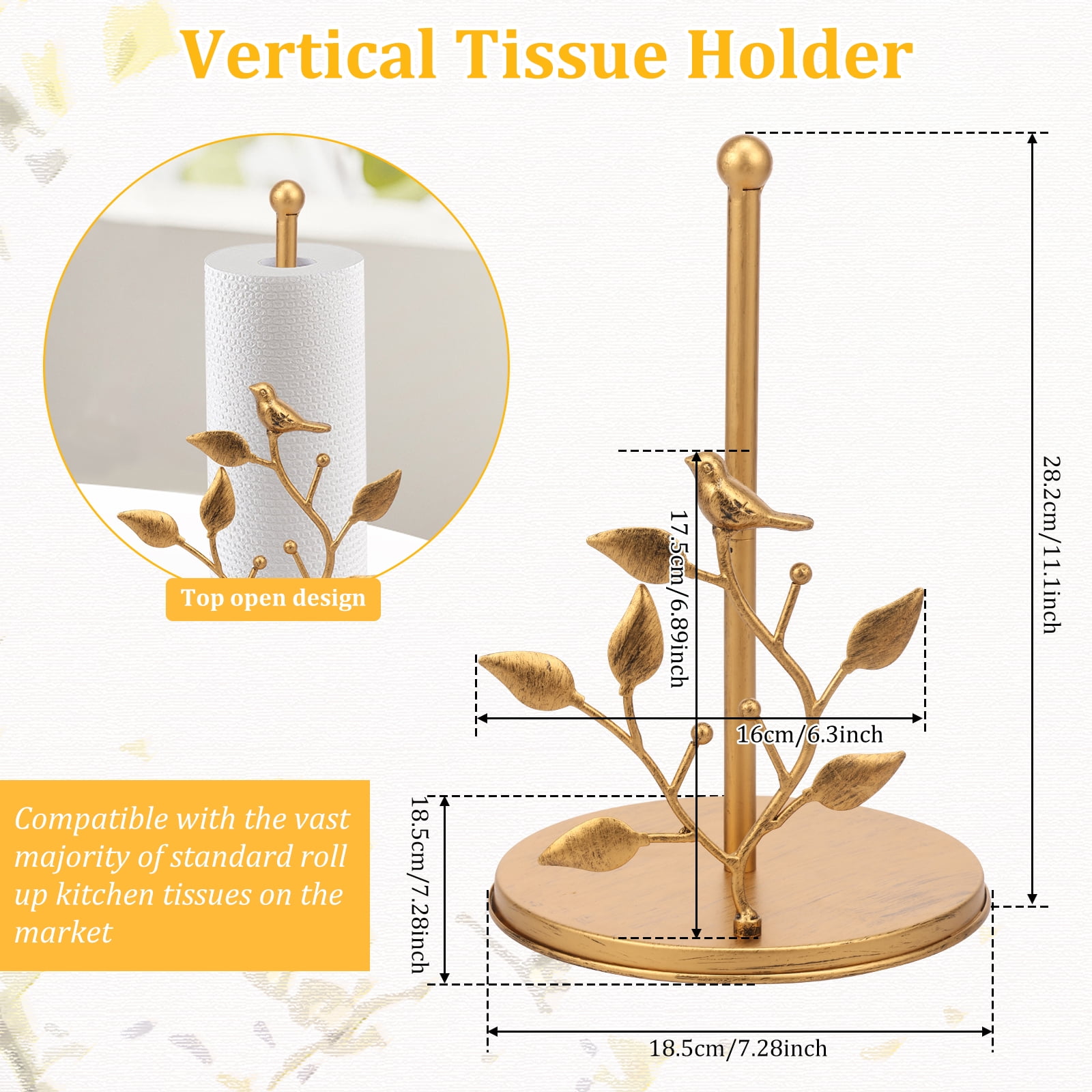 Tzdxfgl Free-Standing Metal Countertop Paper Towel Holder with Non-Slip Base, 11 Inch, Gold Bird