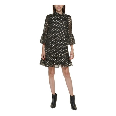 CALVIN KLEIN Womens Black Sheer Ruffled Lined Pullover Keyhole Back Polka Dot Bell Sleeve Tie Neck Above The Knee Shift Dress 2