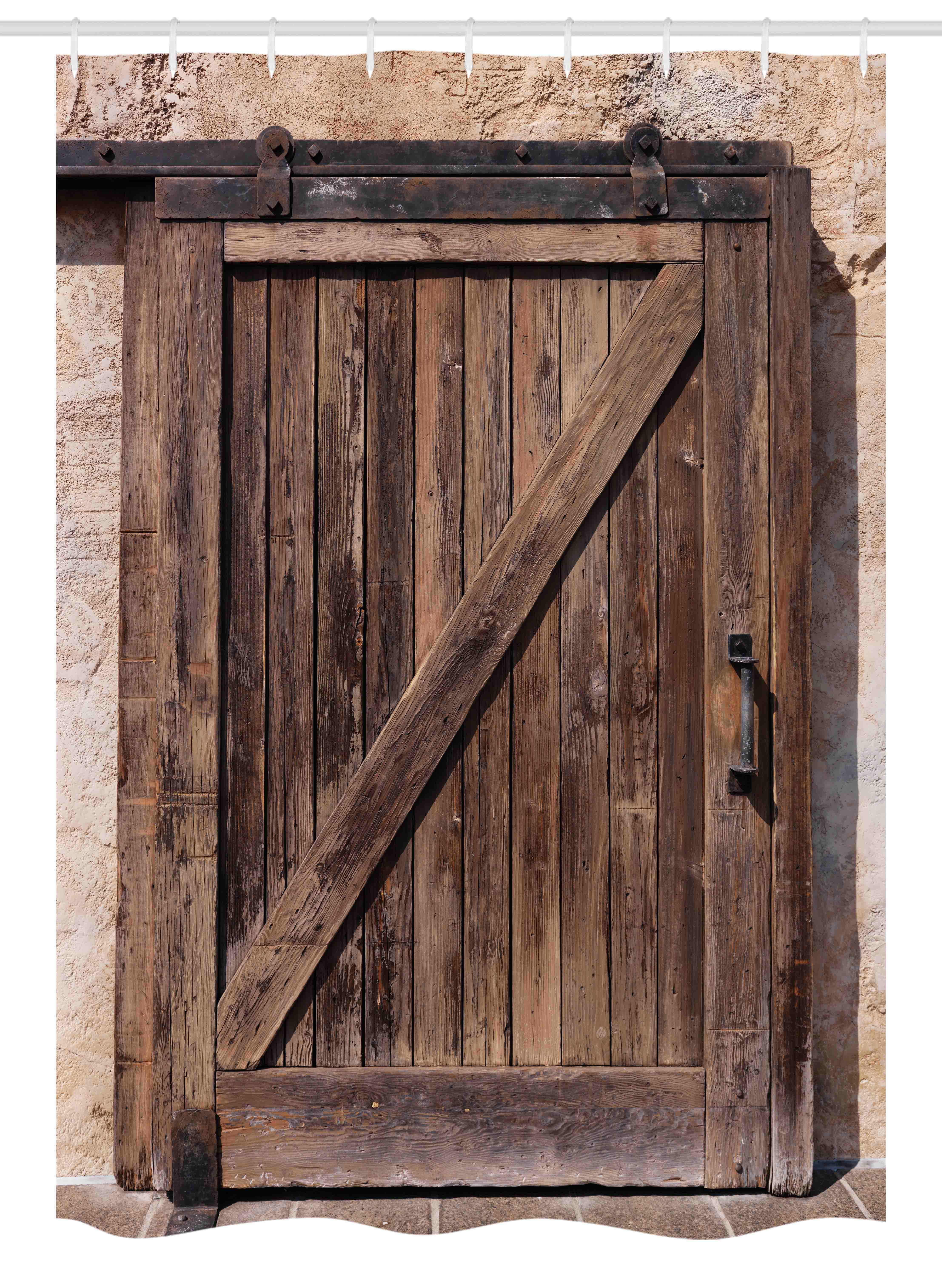 Rustic Stall Shower Curtain, Aged Sliding Door with Rustic Texture
