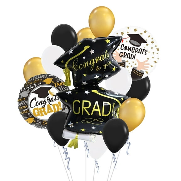 Cymylar Congrats Grad Balloon, Black Gold Latex Balloon, Graduation Party Decoration (15Pcs)