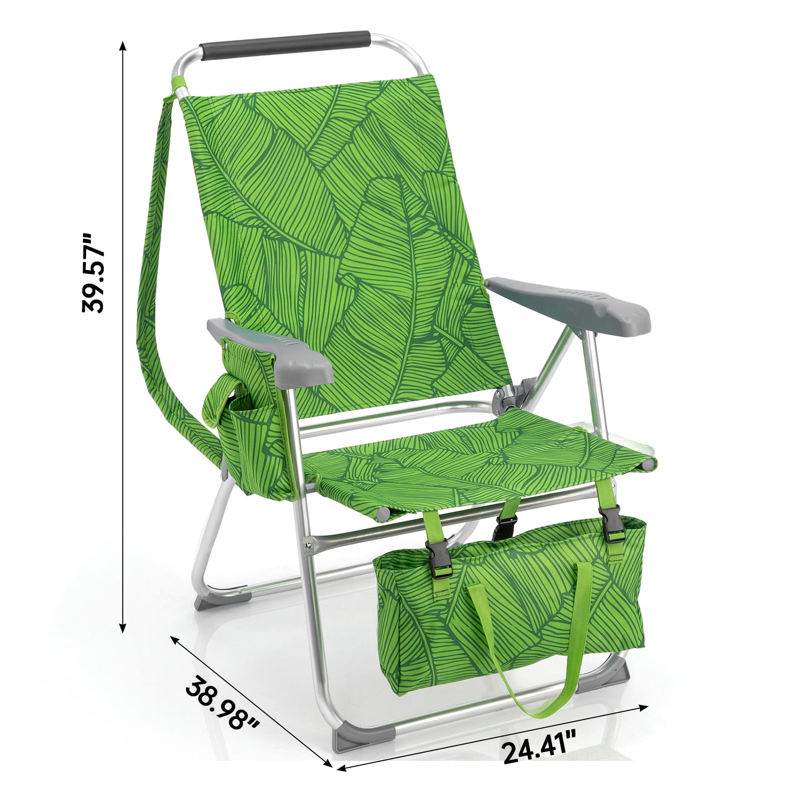 17" High Seat Folding Beach Chair, 7 Position Adjustable Recline Lounge Chair with Padded Headrest, Aluminum Frame Supports 265lbs with Cup Holder Side Pocket & Detachable Storage Tote