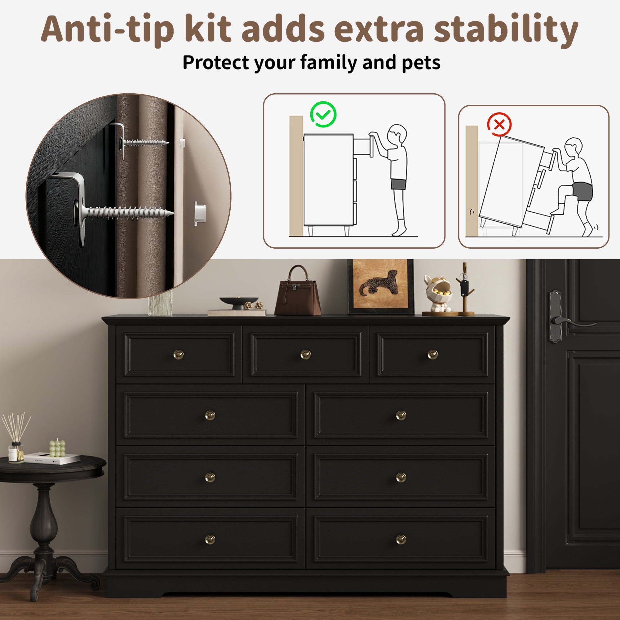 9 Drawer Chest of Drawers, Tall Storage Dresser Organizer, Modern Storage Cabinet Dresser Organizer Unit with Antique Bronze Round Handles for Living Room, Black