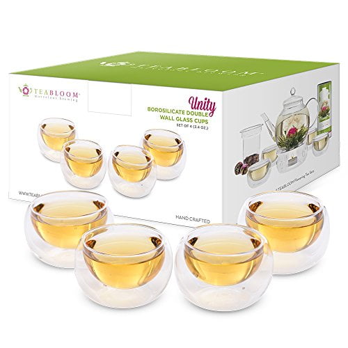 Teabloom 4 Double Wall Glass Cups 3.4 oz / 100 ml Heat Resistant Borosilicate Tea and Espresso
