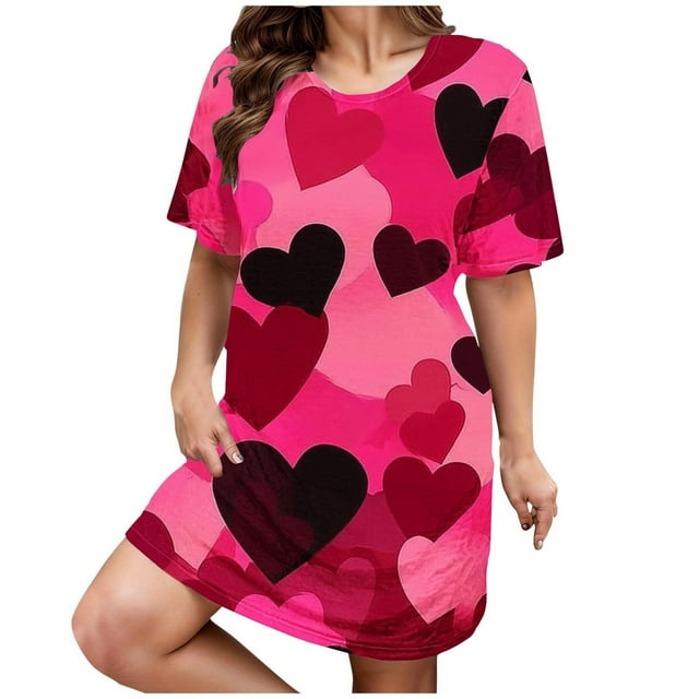 RANJIE Chemise de Nuit pour Femmes Saint-Valentin Imprimé Cœur Manches Courtes Robe de Nuit, Rouge TTG