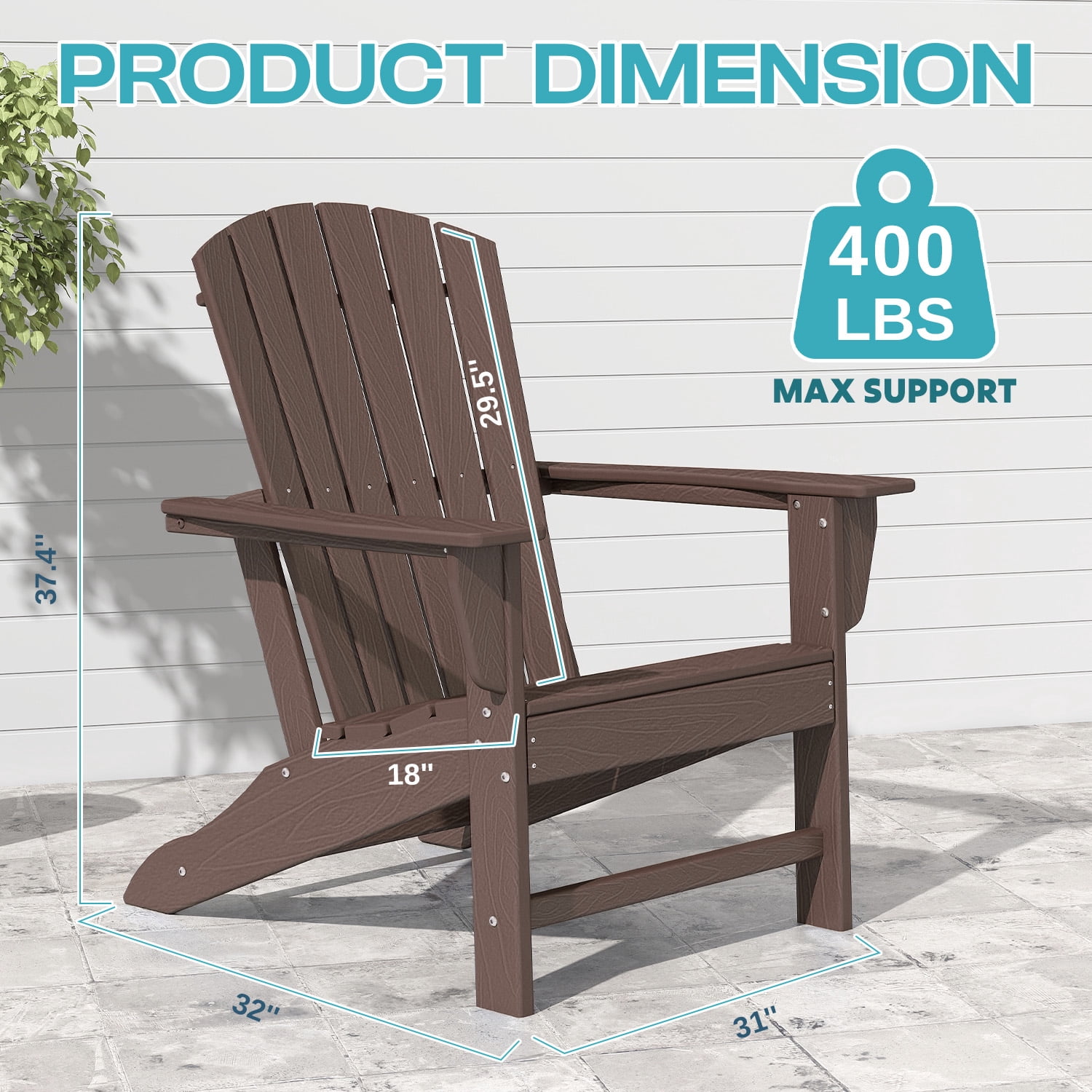 PIPOPA Outdoor Adirondack Chair, HDPE All Weather Patio Chair for Deck Backyard Garden, BrownWood