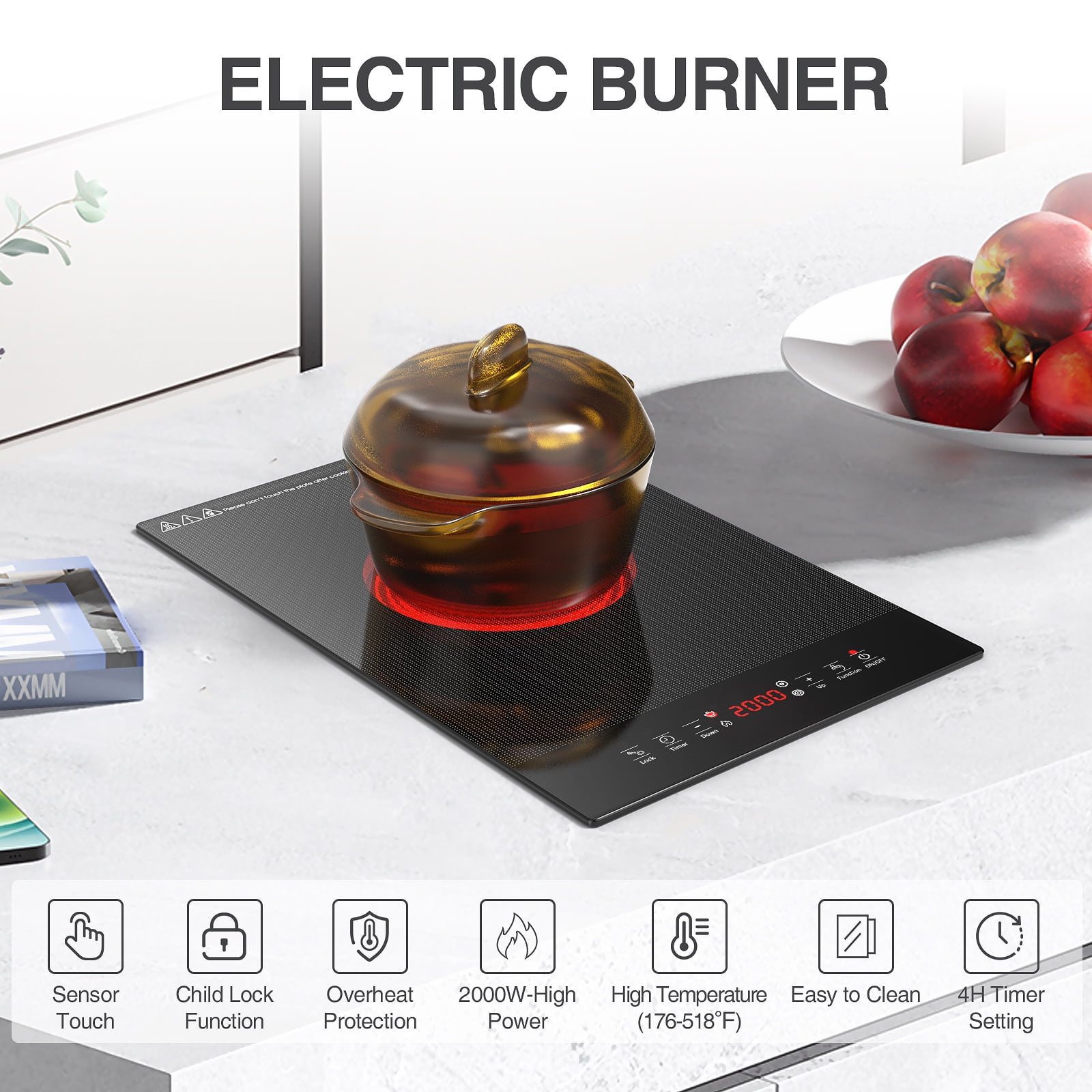 VBGK Electric Cooktop Single Burner 12 Inch Plug in 1800 Electric Burner Countertop 110V and Built-in Hot Plate for Cooking,240 Minutes Timer & Auto Shutdown Electric Stove,Child Lock Electric Burner