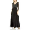 J Kara Womens 3/4 Sleeve V-Neck Beaded Top Long Gown, Black/Gun/Mercury, 4