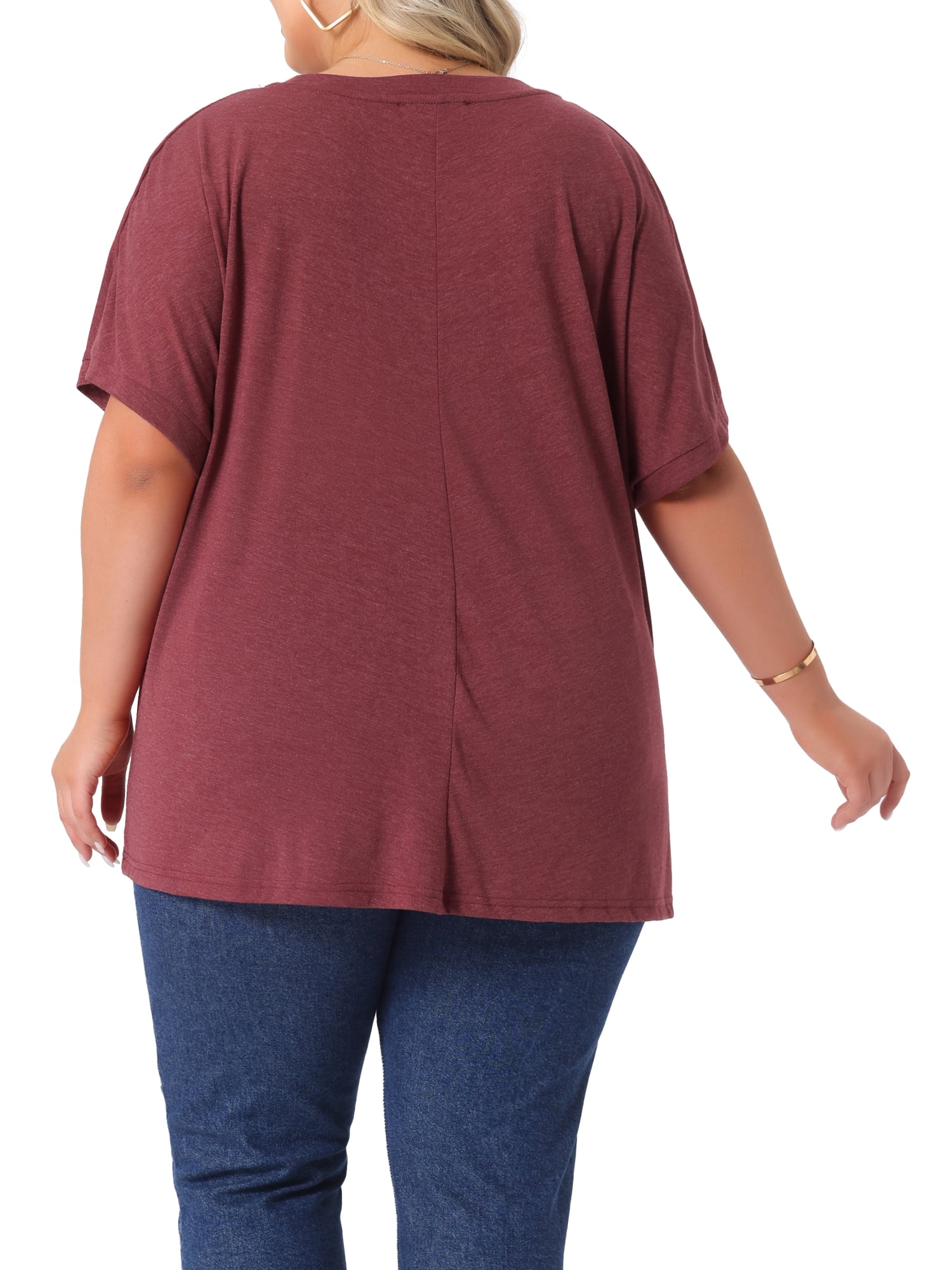 DARING DIVA Women's Plus Crew Neck Loose Fit T Shirt with Pocket Casual 3X Burgundy