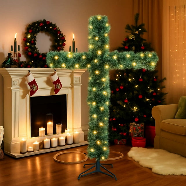 YoGold Christmas Cross Tree With Lights 59In/71In Pre-Lit Artificial Pine Cross With LED Lights,Foldable Pre-Lit Artificial Pine Christmas Cross For Home Outdoor Decor 71In