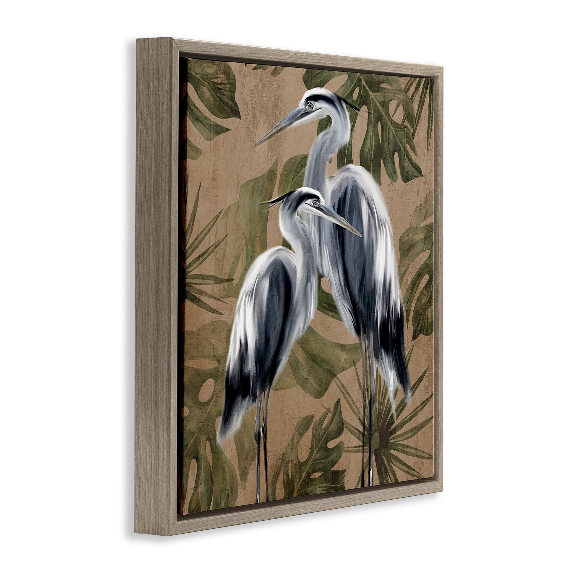 Stupell Industries Two Herons over Tropical Leaves Brown Framed Floater Canvas Wall Art, design by Kim Allen