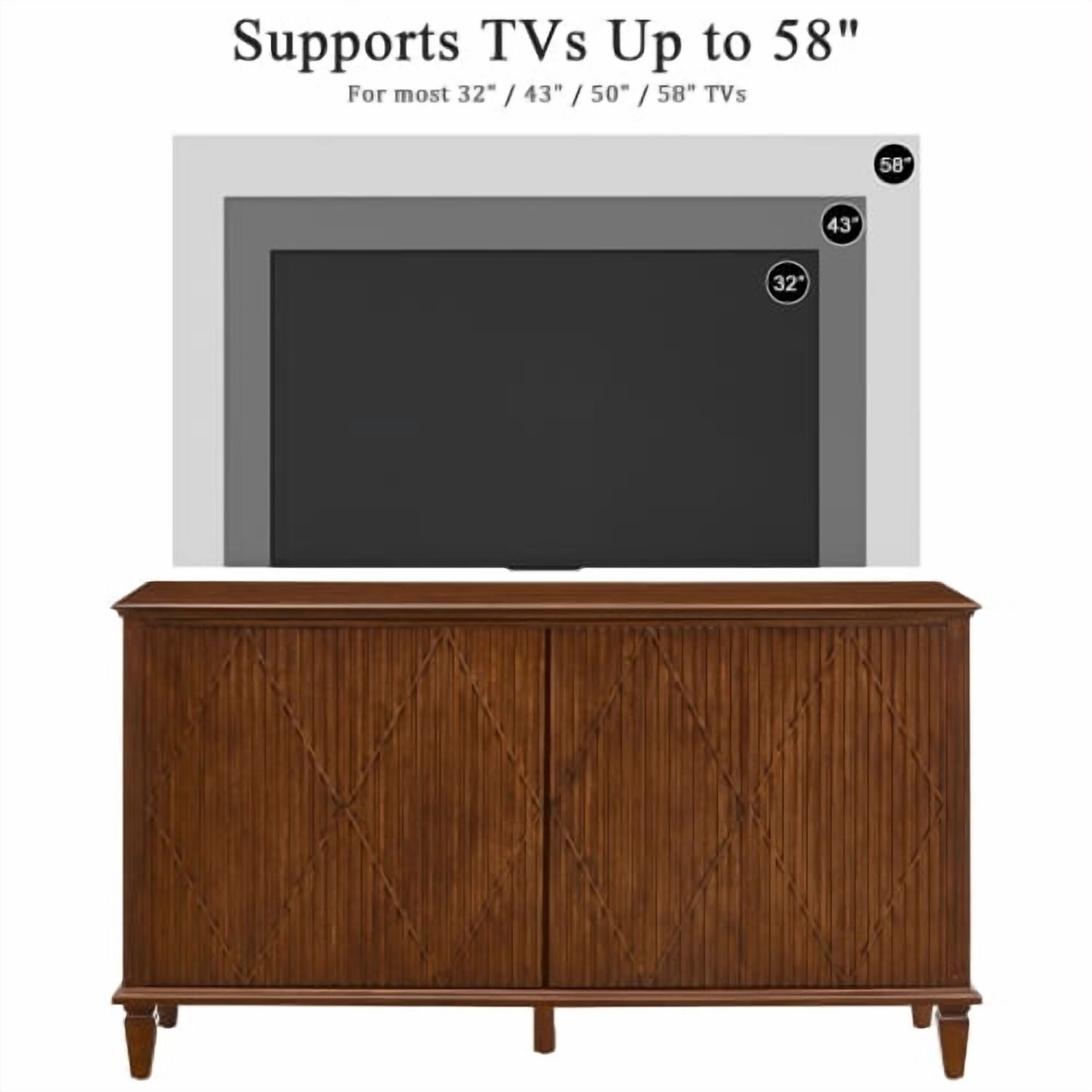 58" Mid Century Modern TV Stand with Carved Geometric Doors, Wood Storage Cabinet, 4-Door Media Console Sideboard for Living Room, Dining Room, Entryway, Walnut