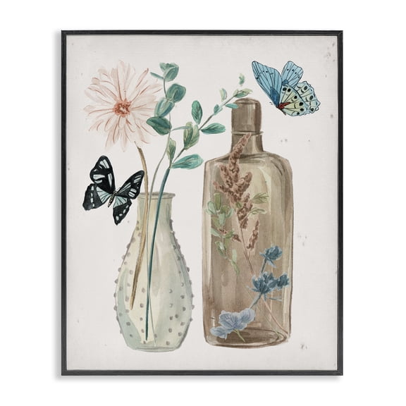 Stupell Industries Traditional Butterfly Blooming Floral Jars Black Framed Giclee Art, 11 x 14, by Melissa Wang