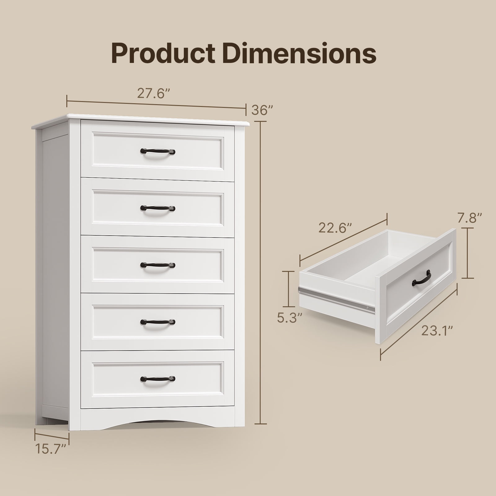 Asofer 5-Drawer White Dresser Cabinet with Metal Handle, Sturdy Wood Chest for Bedroom, Living Room