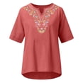 thumbnail image 4 of Shirts for Women Short Sleeved Summer Cotton and Linen Embroidered V Neck Artistic Loose Pullover T Shirt Breathable for Indoor Outdoor 2Xl Size Spring Summer Womens Tops, 4 of 4