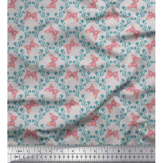 Soimoi Gray Velvet Fabric Flower & Butterfly Decor Fabric Printed BTY 58 Inch Wide