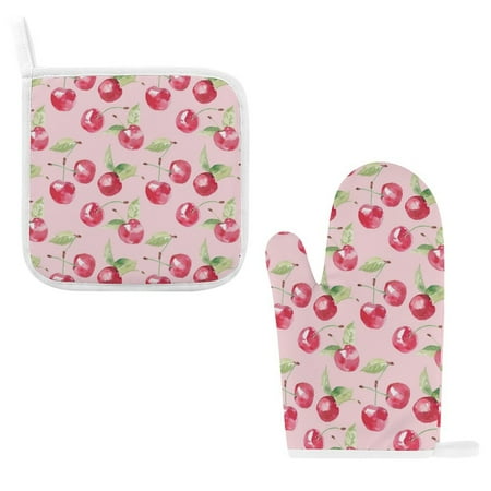 

ZZZHY Watercolor Cherry Delight-1178 Oven Mitts and Pot Holders Sets Heat Resistant Oven Gloves Cute Kitchen Mitts for Oven 2-Piece Baking Gloves Set for Cooking Grilling Baking