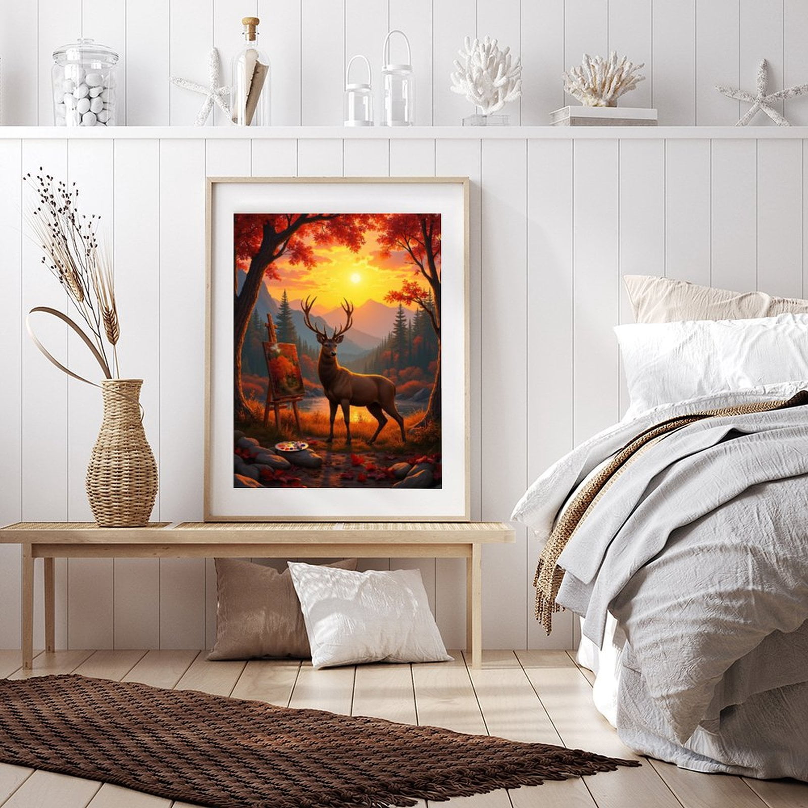 Diamond Art Kit for Adults, Deer Canvas Autumn Sunset Landscape Diamond Painting for Adults Beginners, 5D DIY Diamond Art Painting Kits, Colorful Diamond Painting Craft for Home Decor 12x16