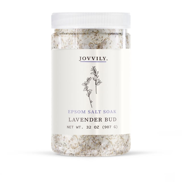 Jovvily Sal de Epsom en remojo con brotes de lavanda y aceite esencial de lavanda - 2 lb - Siempre puro - Solución de remojo de sulfato de magnesio