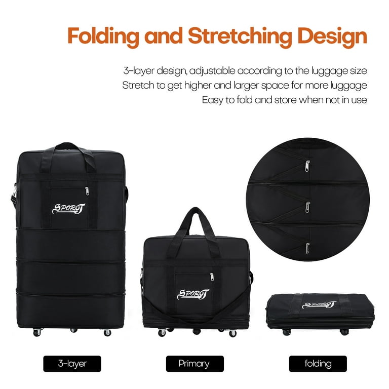 36in Expandable Suitcase Bag 3 Layer Collapsible Rolling Wheeled Duffle Bag  Large for Home Storage Cargo Travel Business Moving Luggage, Black