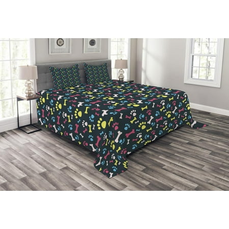 Dog Bedspread Dog Lover Bedspread Set, Cool Canine Elements Paw Marks and Bones Ornamental Abstract Composition Image, Decorative Quilted Coverlet Set with Pillow Shams Included, Multicolor, by Ambesonne ()