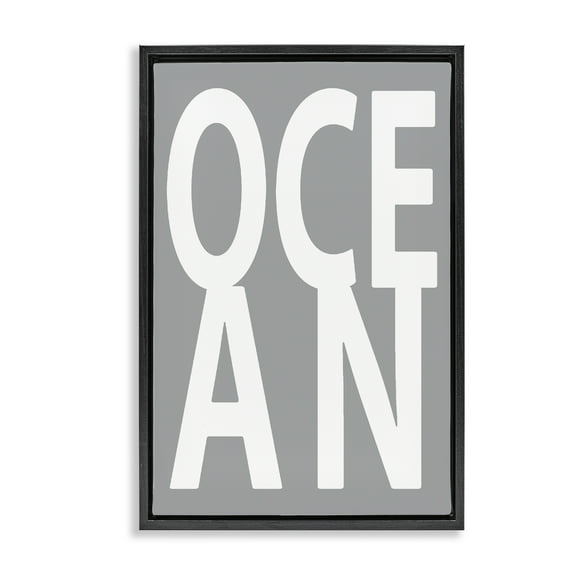 Stupell Industries Ocean Word on Grey Typography Painting Black Floater Framed Art Print Wall Art, 17 x 25