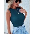 thumbnail image 3 of Teal Blue Crinkle Texture Round Neck Sleeveless Tank Top For Women Casual Slim Fit, 3 of 5