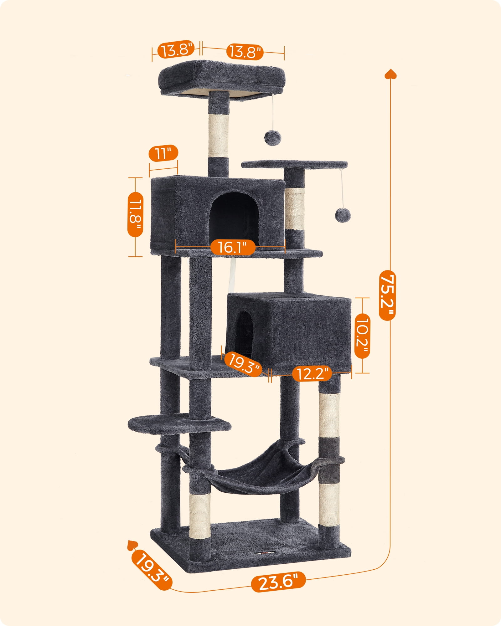 75.2"H Cat Tree Cat Tower for Indoor Cats, Plush Multi-Level Cat Condo with Scratching Posts, Perches, Caves, Hammock, Smoky Gray